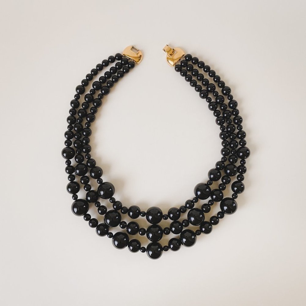 Vintage Monet Black Ball Round Beaded Multi Strand Statement Bib Necklace - Picture 2 of 12